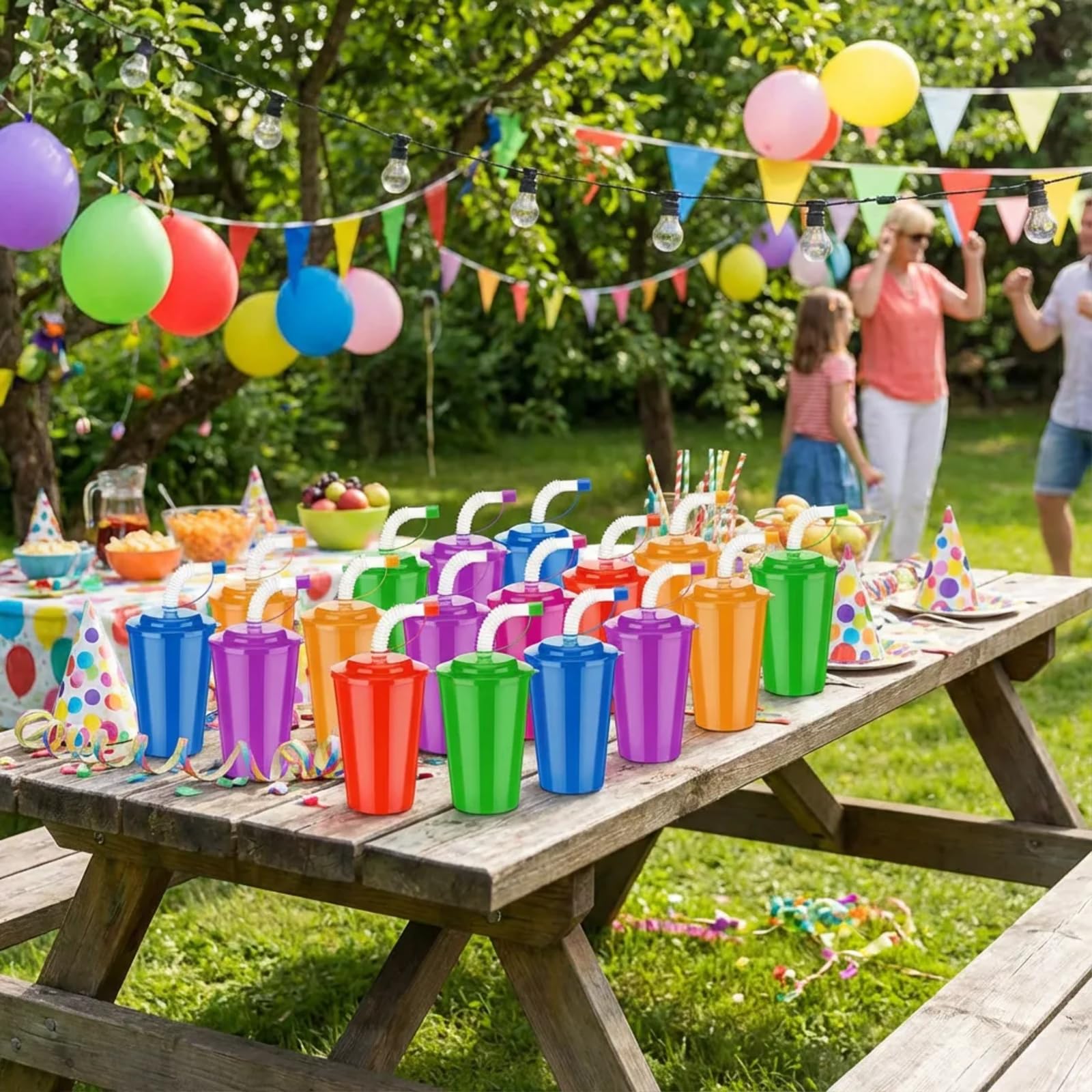 Zubebe Vasos de neón de 12 onzas, vasos de neón coloridos con tapas y popotes, vasos de plástico a prueba de derrames, vasos reutilizables para fiestas de cumpleaños, suministros de eventos, 6 colores