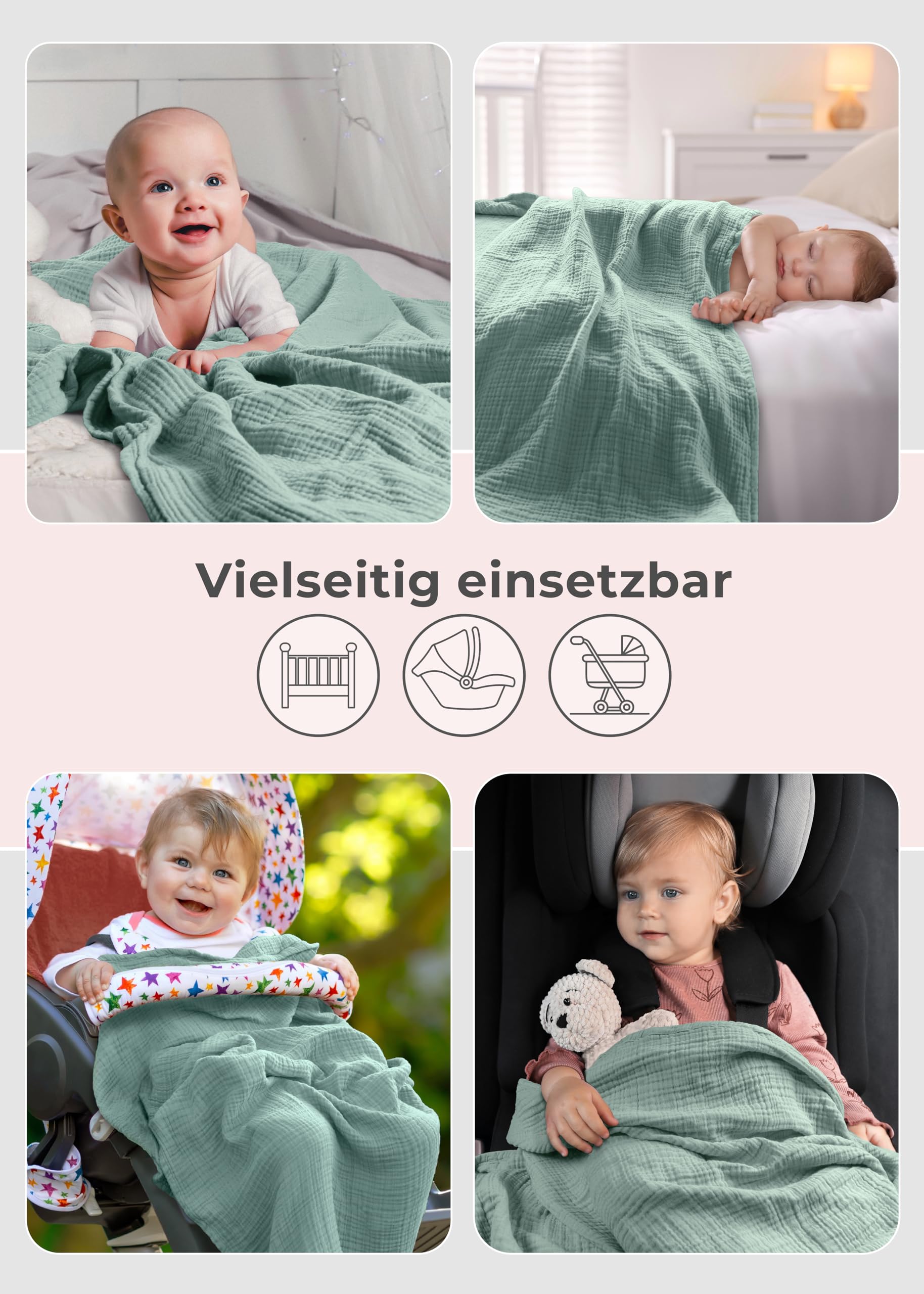 LAYNENBURG Premium Musselin Babydecke 120x120cm – 4 lagige Decke aus 100% Baumwolle - Oeko-TEX 100 - Kuscheldecke oder Schlafdecke, Pucktuch, Spucktuch für Baby, Neugeborene & Kinder (mintgrün)