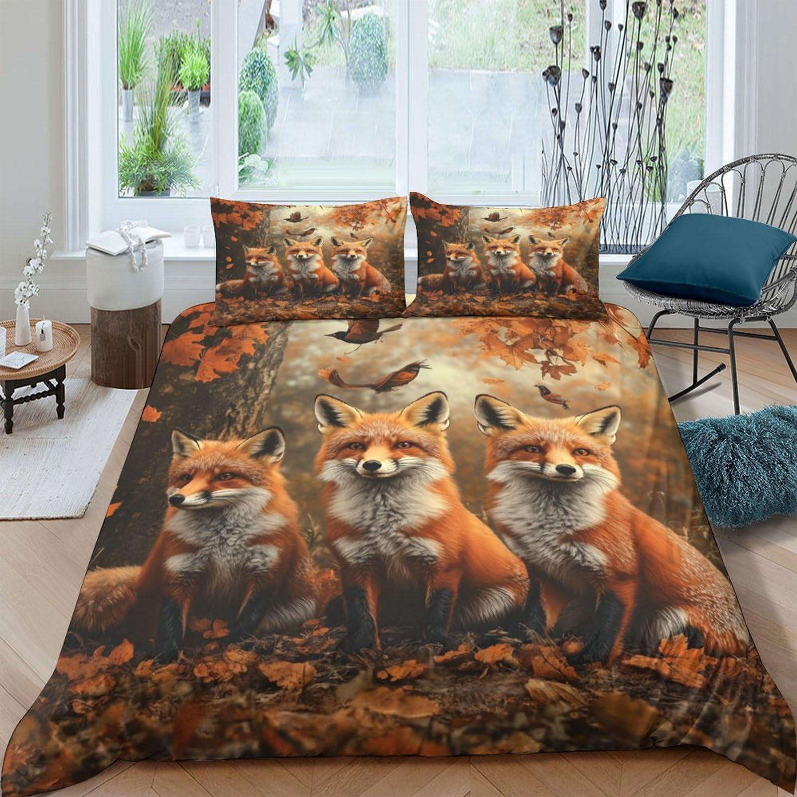 GPLZQXKJNH 3D Printed Fox Woodland Duvet Cover Set Microfiber Soft Breathable Autumn Forest Bedding with 2 Pillowcases for Bedroom Single（135x200cm）