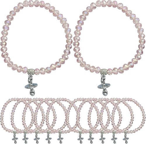 WE Baby Shower Girl - Pulsera elástica de cristal rosa con dije para chupete (12 piezas)