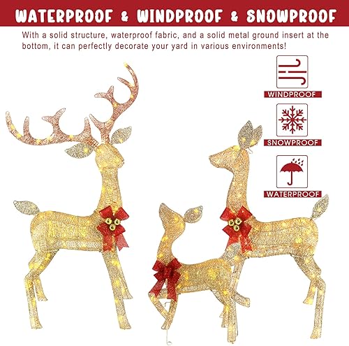 Miniatura 4 de Juego de 3 decoración de reno de Navidad para exteriores de 4 pies con 240 luces LED blancas cálidas, marco de metal duradero, tela de felpa