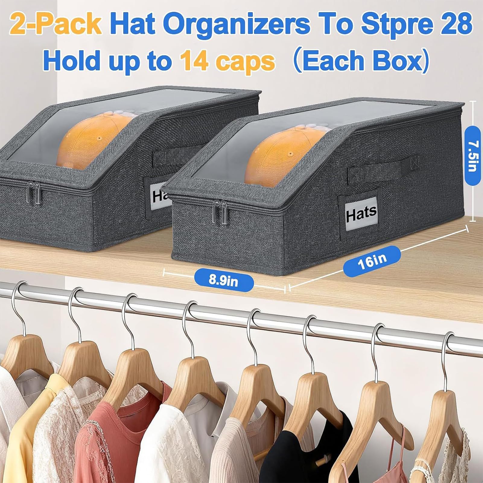 Genérico Organiseur de chapeaux - Grande trousse de 2 pièces anti-poussière avec grande capacité | Capacité pour 28 chapeaux pour armoire, chambre, salon, armoire, vêtements et