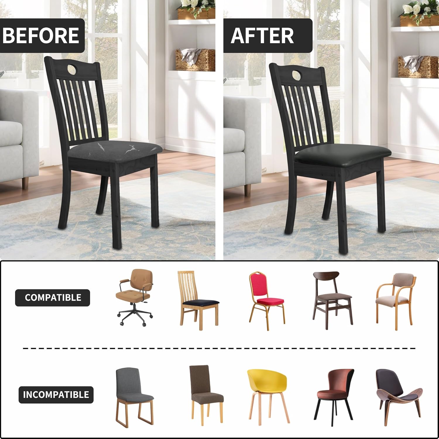 Easy-Going Waterproof PU Leather Seat Covers for Dining Room Chairs Set of 4, Stretch Fit Removable Chair Seat Protector Slipcovers with Elastic Band, Dark Gray