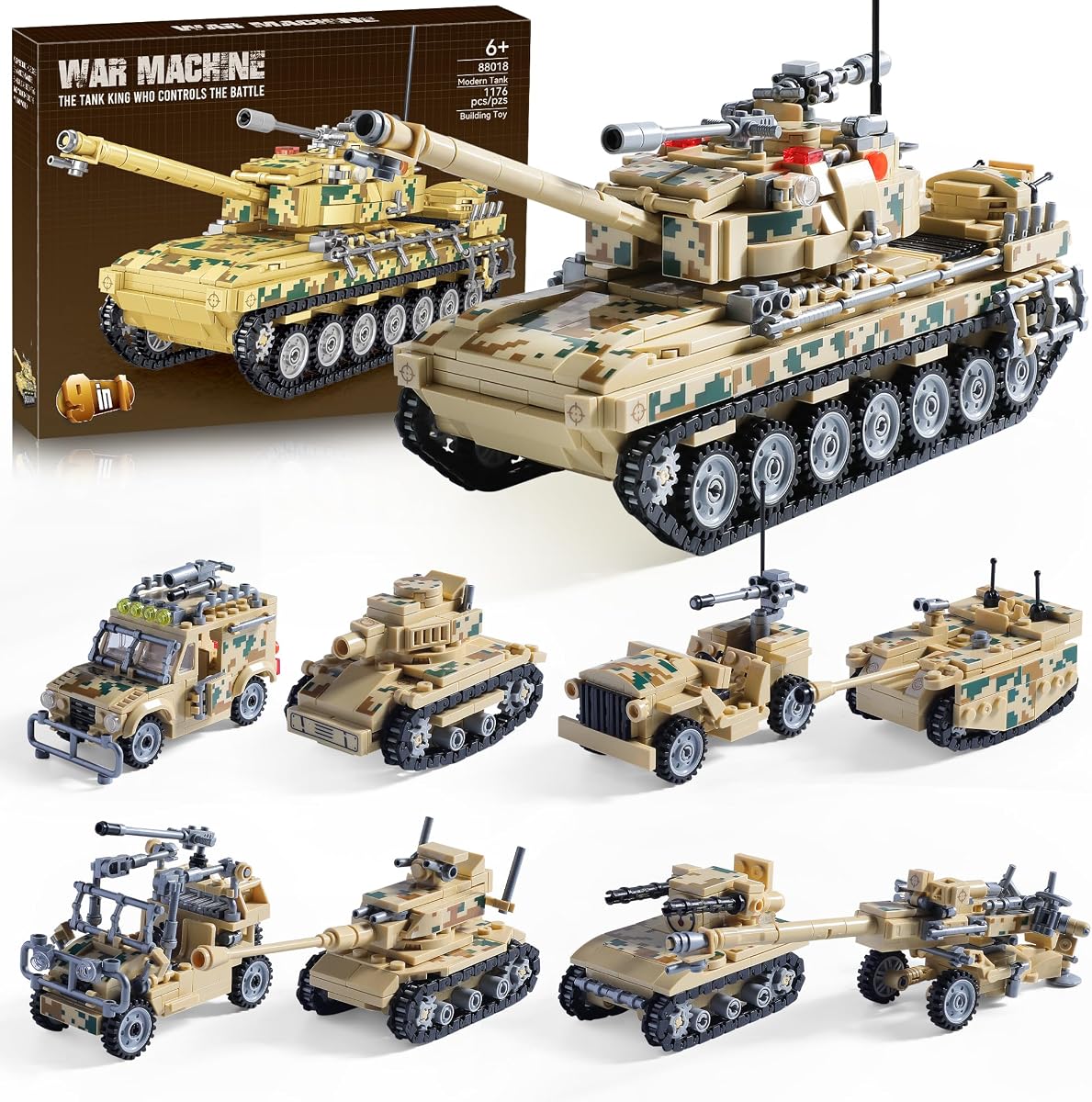 Juegos de bloques de construcción de tanques militares de 1176 piezas: tanque grande u 8 vehículos militares | Modelos de juguetes militares 9 en 1, juegos de simulación y decoración, regalos para niños mayores de 6 años y fanáticos militares