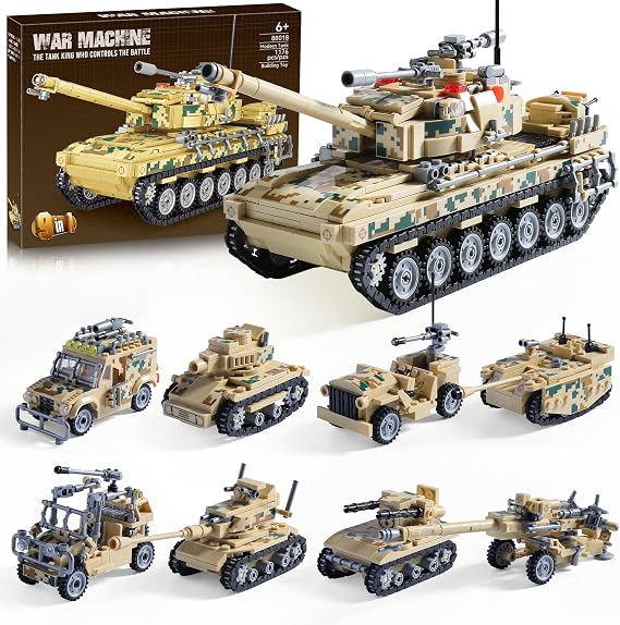 Military Tank Building Blocks Set Compatible with Lego, 1176-Piece 9 in 1 Army Vehicle Model with Rolling Tracks and Rotating Turret, Build, Play and Display Toy for Kids, Fans and Collectors
