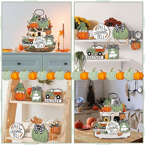 Miniatura 5 de Decoración de bandeja escalonada de otoño, decoraciones de bandeja de calabaza verde de granja, gnomo, camión, búfalo, letreros de madera, guirnalda