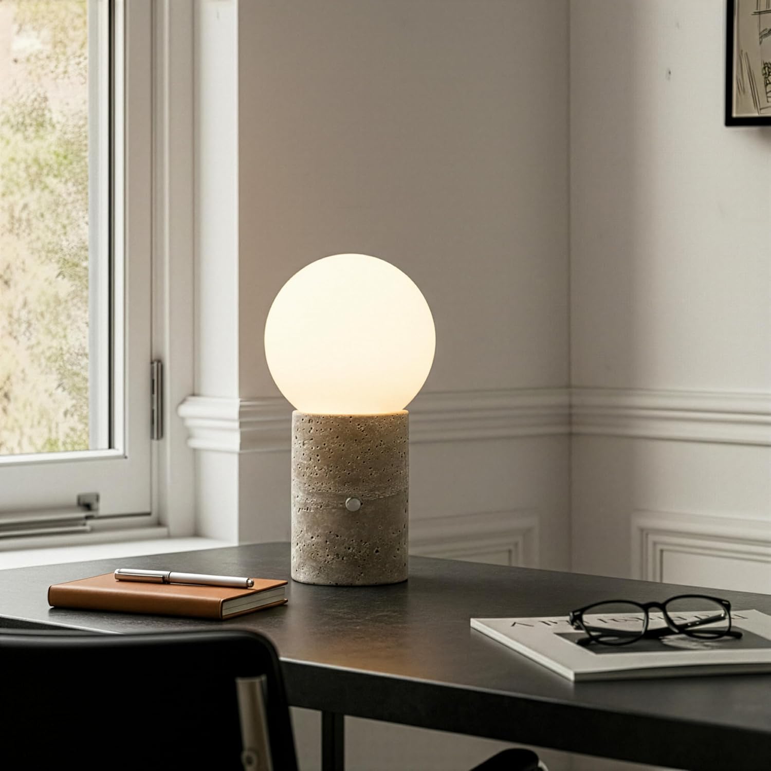 Brightech Kai LED Table Lamp - Bedside Reading Light with Unique Travertine Stone Base, Modern Desk Lamp, Nightstand Lamp with Ambient Lighting for Bedrooms, Living Room, Den - Modern Globe Lamp Shade