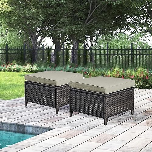 Miniatura 2 de Juego de 2 taburetes otomanos de mimbre de ratán para todo tipo de clima, con cojines suaves para muebles de patio