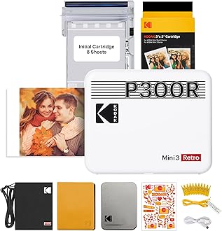 Mini 3 Retro Portable Photo Printer, Fast Printing, HD Photo, 76 x 76 mm, Bluetooth, Compatible with iOS and Android, Pack of 38 Photo Sheets, White