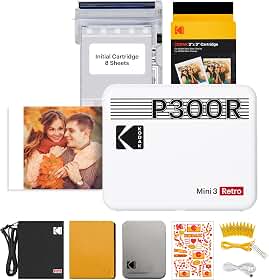 Impressora fotográfica portátil KODAK Mini 3 Retro 4PASS (7,6 x 7,6 cm), inicial 8 folhas + 60 folhas + pacote de presente, branca