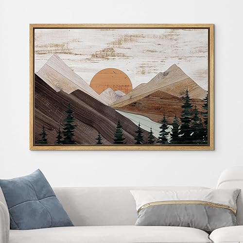 Miniatura 3 de wall26 Lienzo enmarcado para pared, diseño rústico de árboles de montaña marrón, naturaleza, desierto, arte digital, panel de madera, paisaje,