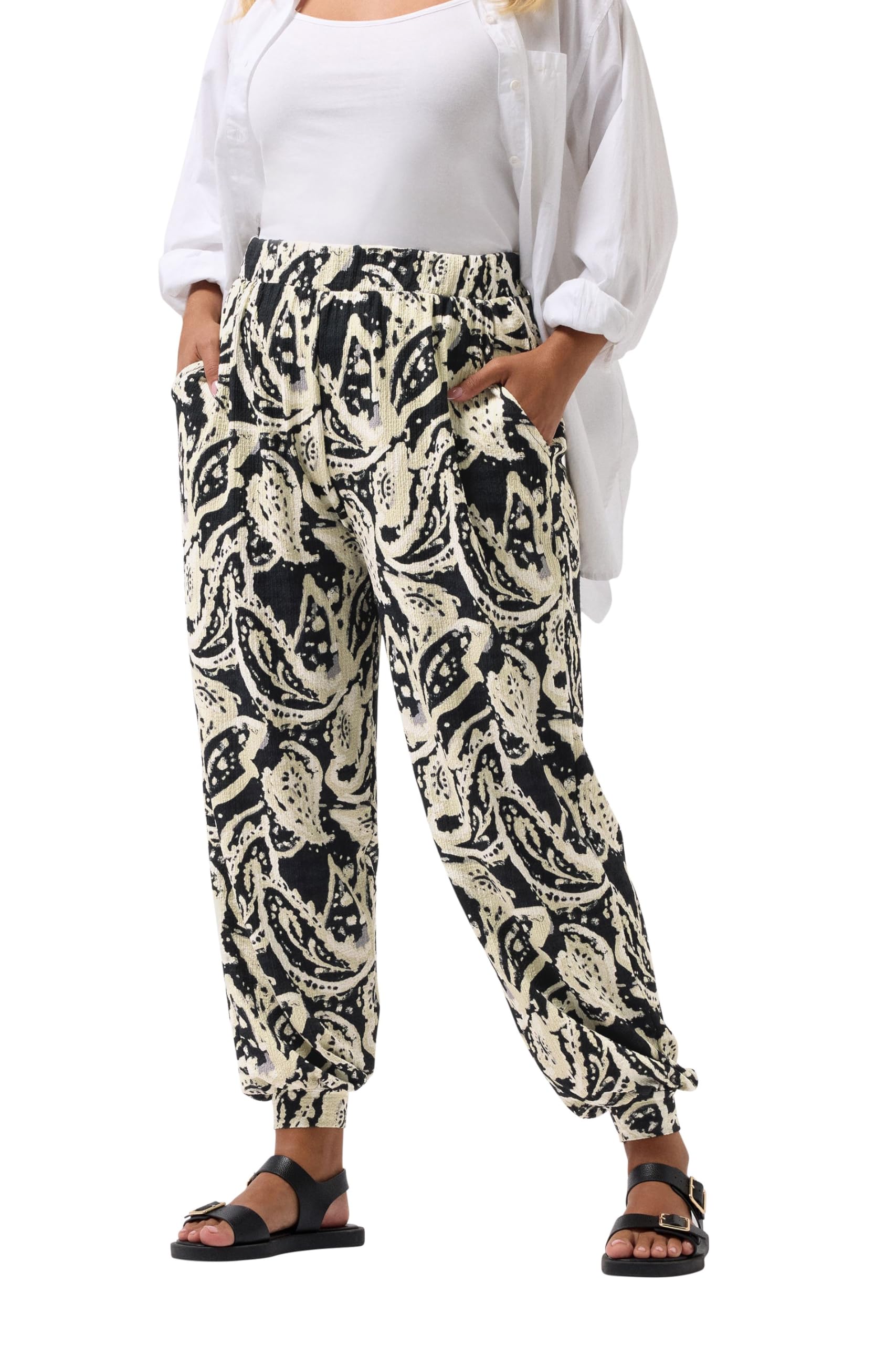 Yours Curve Paisley Cuffed Harem Trousers Black Size 30-32