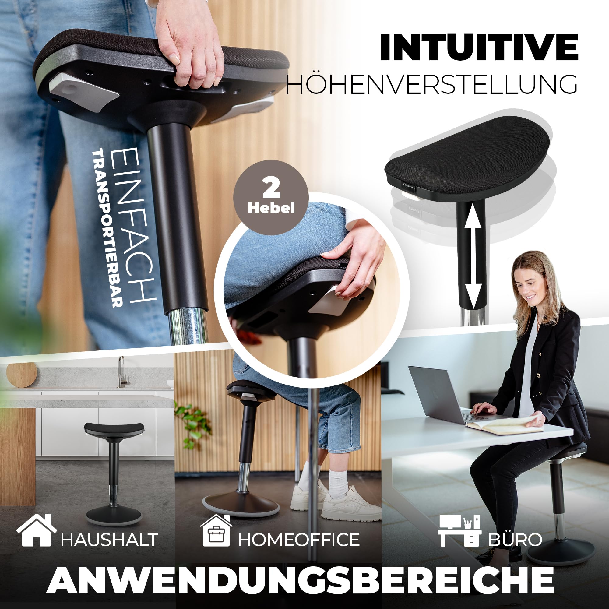 Ergonomischer Bürohocker [2 Sitzpositionen] höhenverstellbarer Sattelhocker [43–63 cm] Sitzhocker für aktives Sitzen | Rutschfester Standfuß