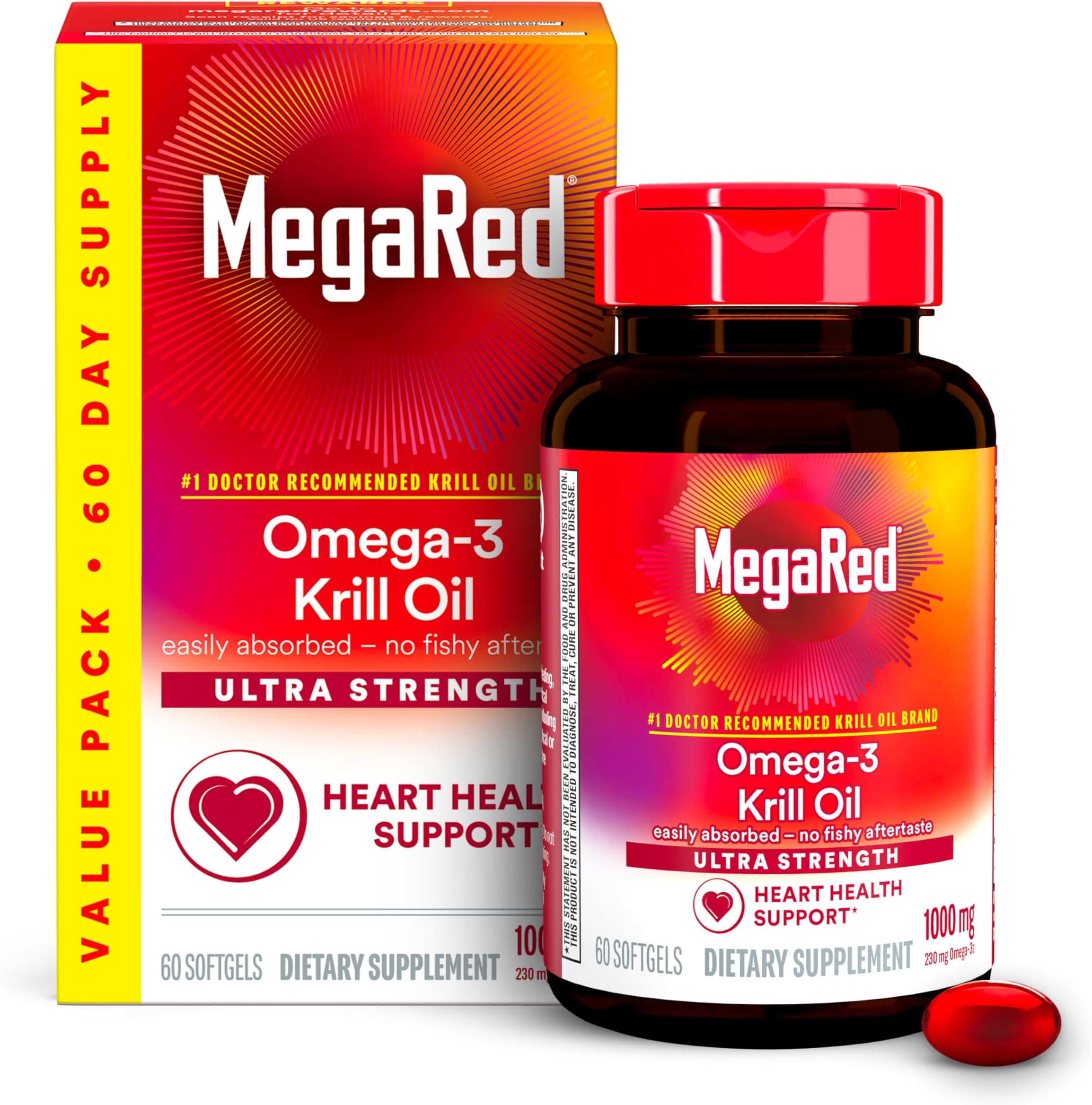 Ultra Strength 1000mg Omega-3 Krill Oil Supplement with EPA/DHA, Astaxanthin & Phospholipids, No Fish Oil Aftertaste Supports Heart, Brain, Joint and Eye Health, 60 Count Softgels.