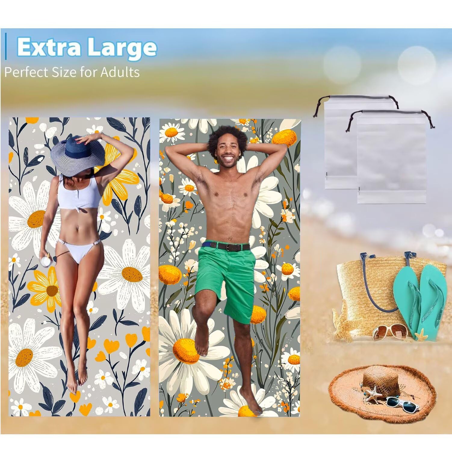 Strandtuch XXL, Mikrofaser Handtuch 2er Set 100 x 200 cm Groß Badetuch, Daisies Blumen Strandtuch Schnell Trocknendes, Sandbeständig, Summer Must Haves, Saunahandtuch Herren, Geschenke für Frauen C195