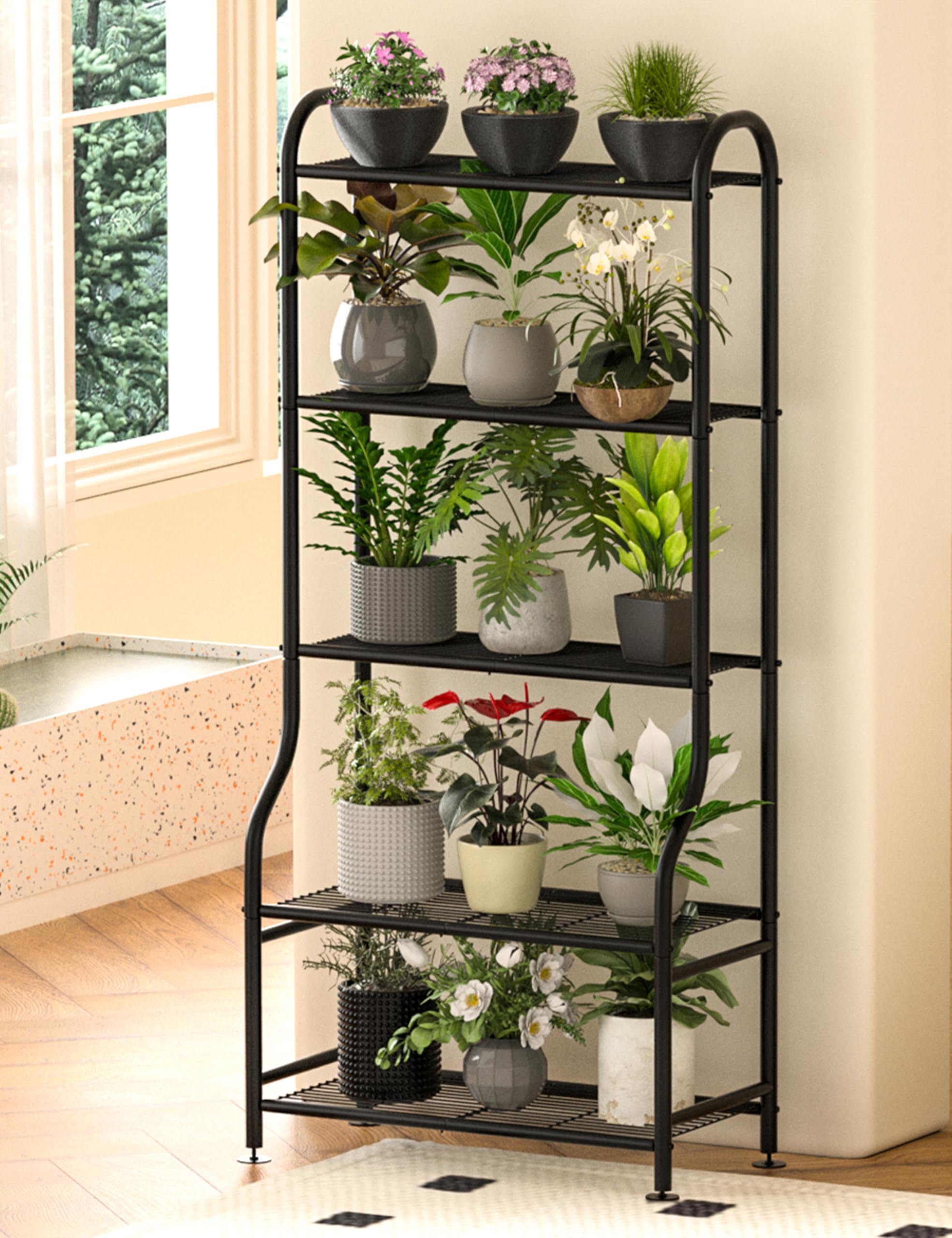 Soporte de metal para plantas de 5 niveles para interiores y exteriores, soporte de flores impermeable para múltiples macetas, soportes de plantas resistentes para sala de estar, patio 8