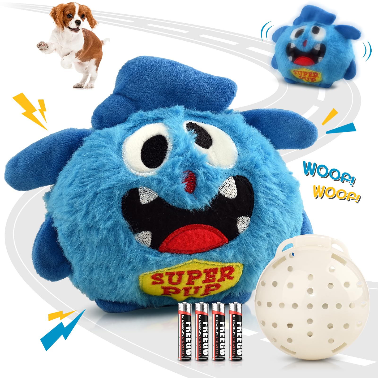 Petbobi Interactive Dog Toys for Boredom - Moving Dog Toy for Stimulating Play, Pet Plush Squeaky Ball for Small Medium Breeds with 4 Batteries, Blue