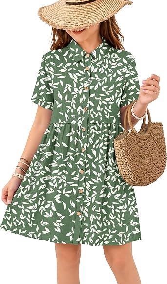 Girls Summer Loose Button Down Babydoll Mini Dress with Pockets 2026