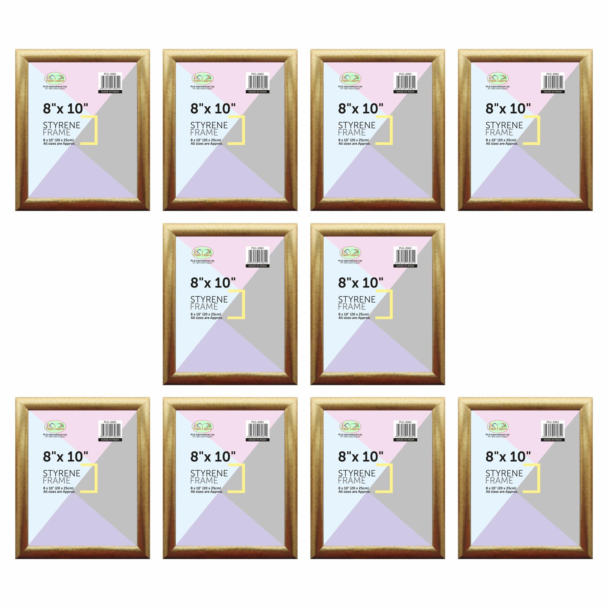 Set of 10 Classic Design 8x10 Inch Photo Frame with Styrene Front - Bulk Pack Solid Wood Gold Photo Frame for Wall & Tabletop Display Amazing Collection for Home Office Living Room, Gallery Wall Décor
