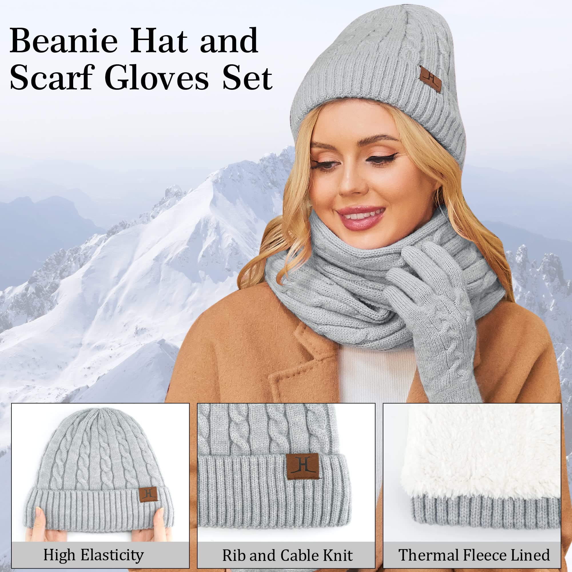 ZASFOU Damen Winter Mütze Schal Touchscreen Handschuhe Set Thermo Strickmütze Beanie Wintermütze Schals Winterschal Winterhandschuhe Geschenk für Frauen