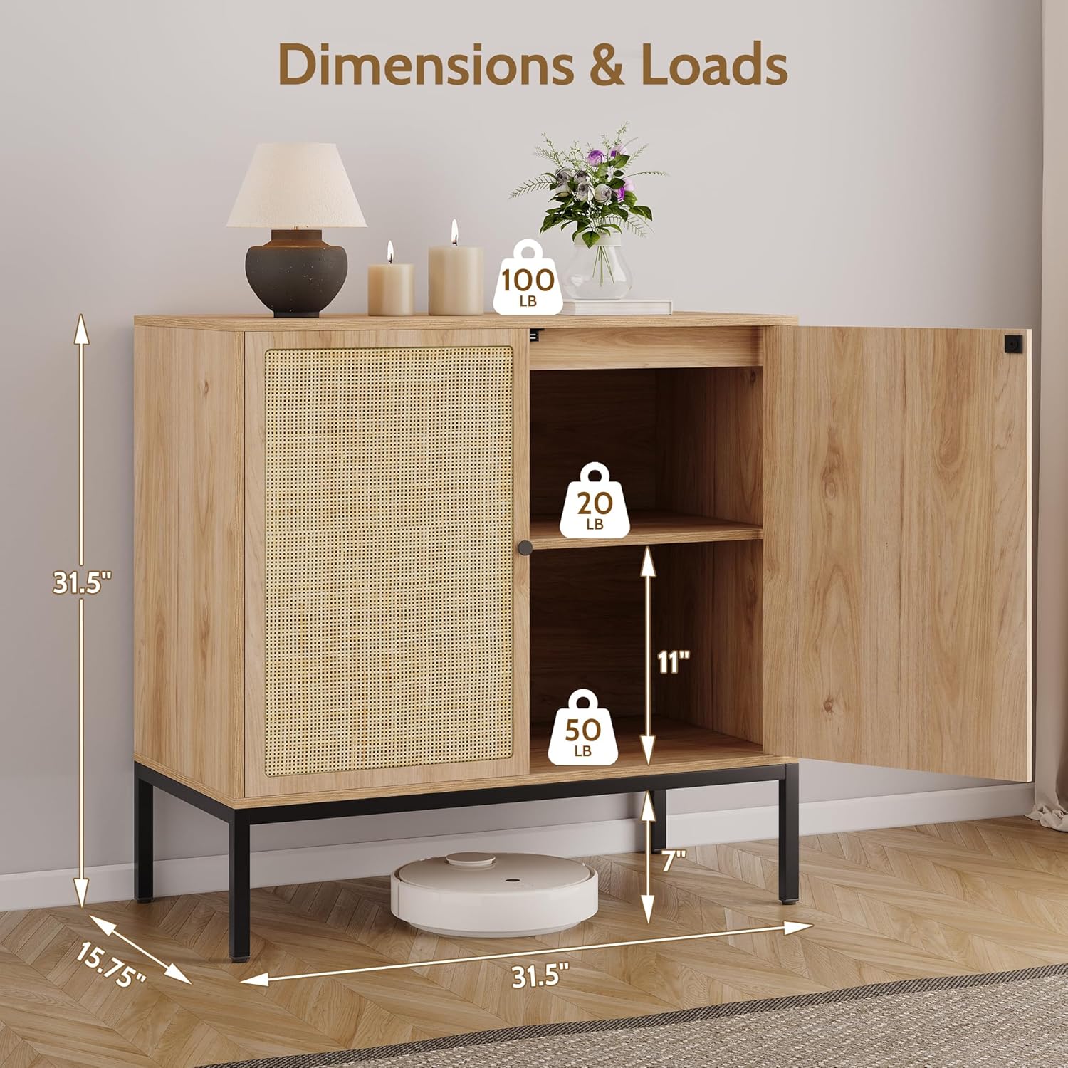 Dimensions and load capacities of the Yechen Sideboard Cabinet