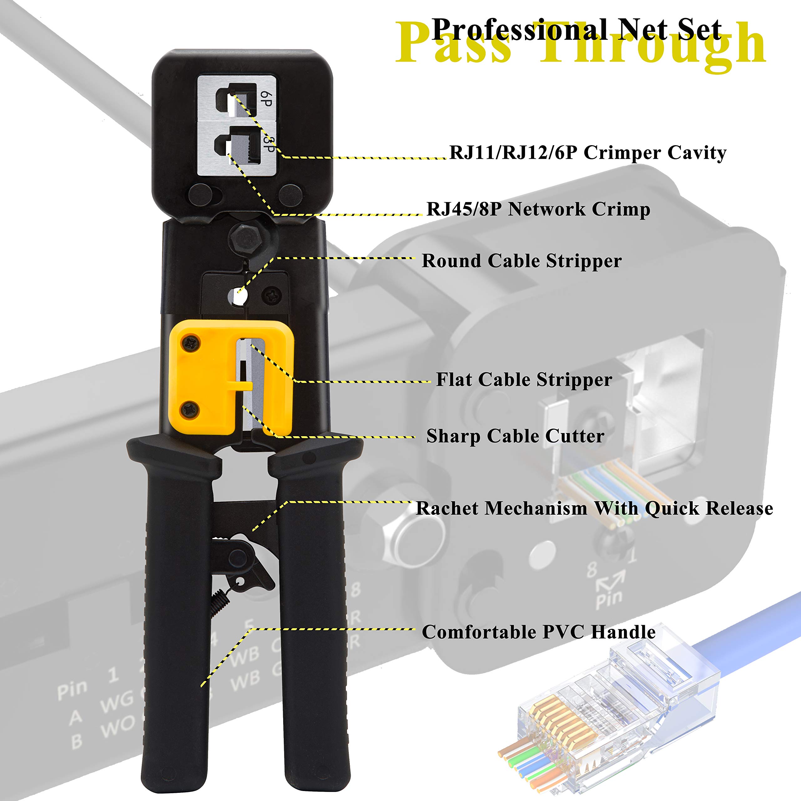 LEATBUY Cat5 Cat5e Cat6 zaciskarka zestaw RJ45 narzędzie do zaciskania, 50 x złącze krokowe RJ45 Cat6, 50 osłon, tester kabli sieciowych, frez do wiercenia drutu (czarny)