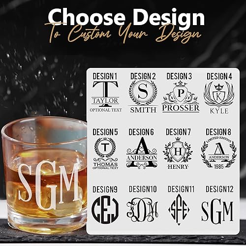 Miniatura 8 de Vaso de whisky con monograma personalizado con texto personalizado, gran regalo para papá, cumpleaños, día del padre y padrinos de boda (diseño 1, 1