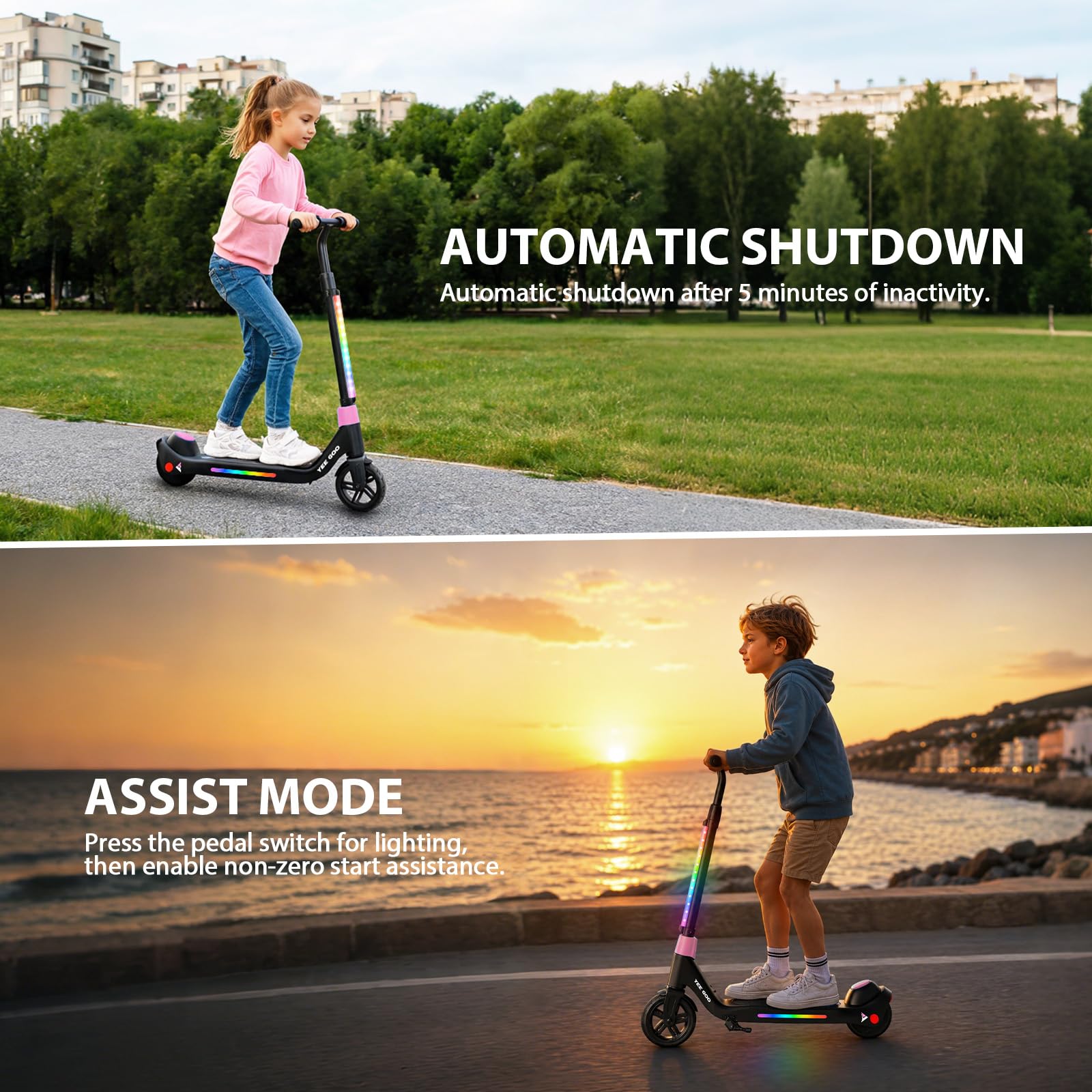 Trottinette Electrique Enfant - pour Enfants 5-12 | Max 8 km/h - Réglable en Hauteur | Commande à pédale | Lumières LED Colorées | Frein à Pied | Légère.