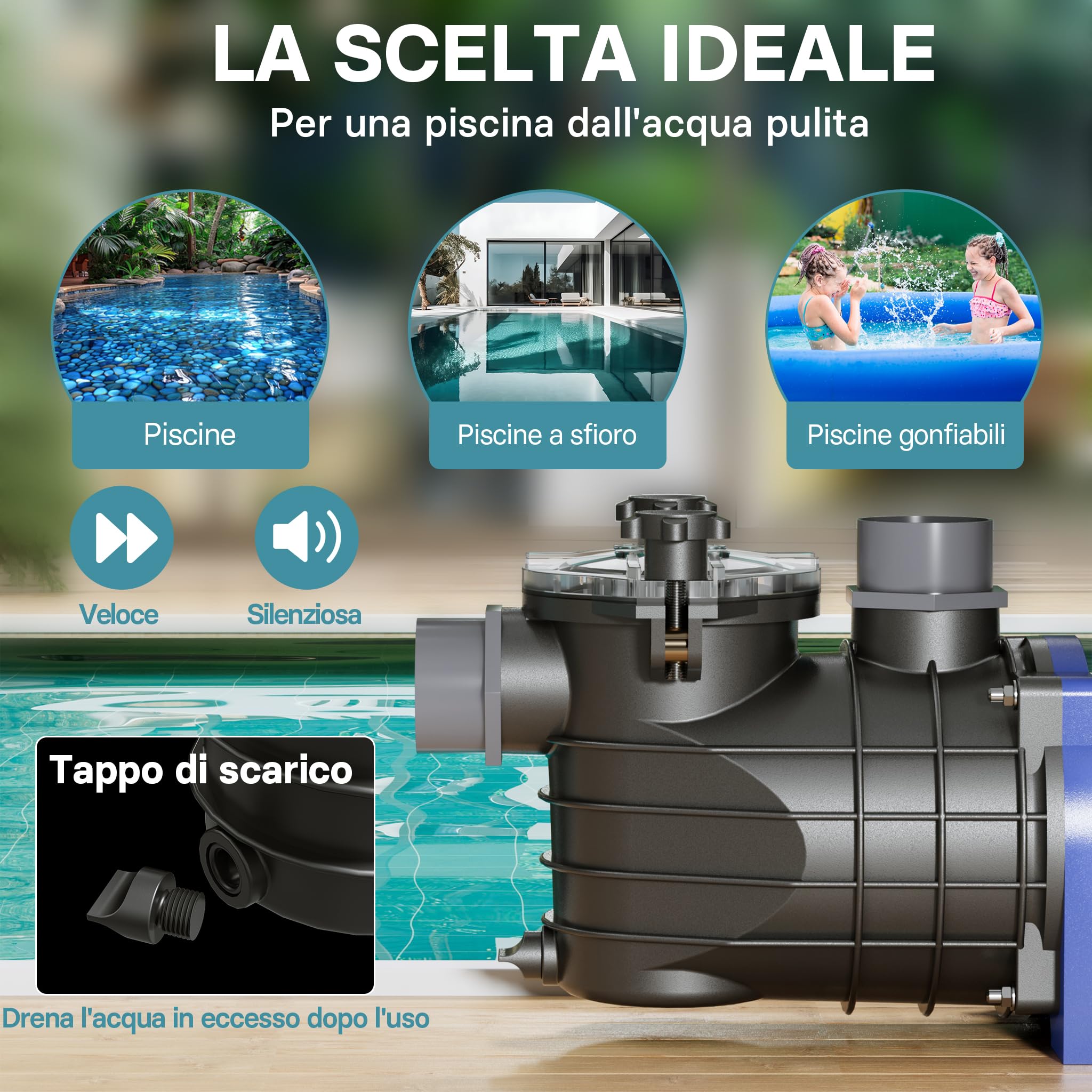 Pompa piscina per ricircolo e filtraggio 11700 l/h 250 W Pompa di circolazione