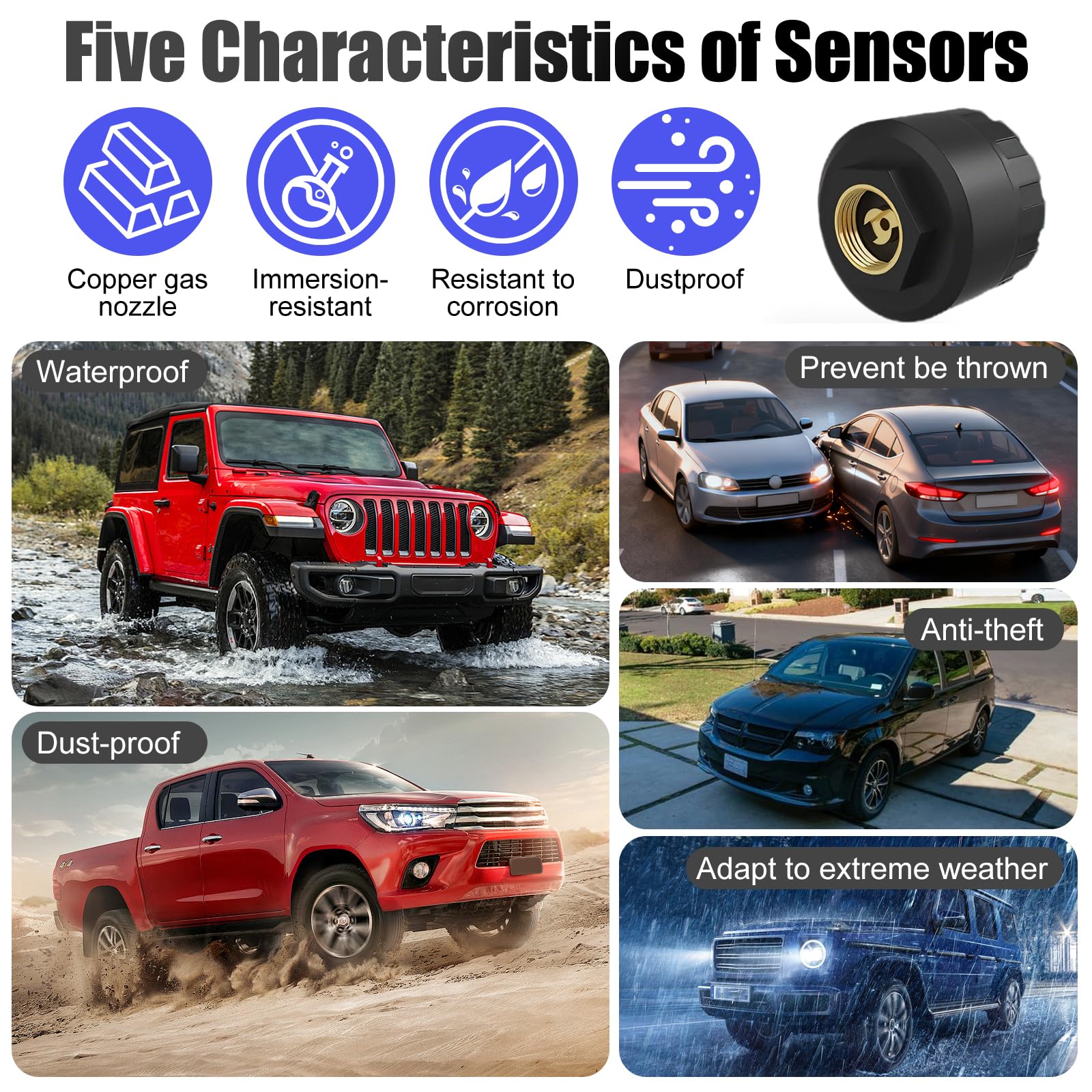 OBEST TPMS Sistema de Control de Presión de Neumáticos con 4 Sensores Externos, Inalámbrica Aplicación Bluetooth Inteligente, Detector de Temperatura, Compatible con iOS y Andro