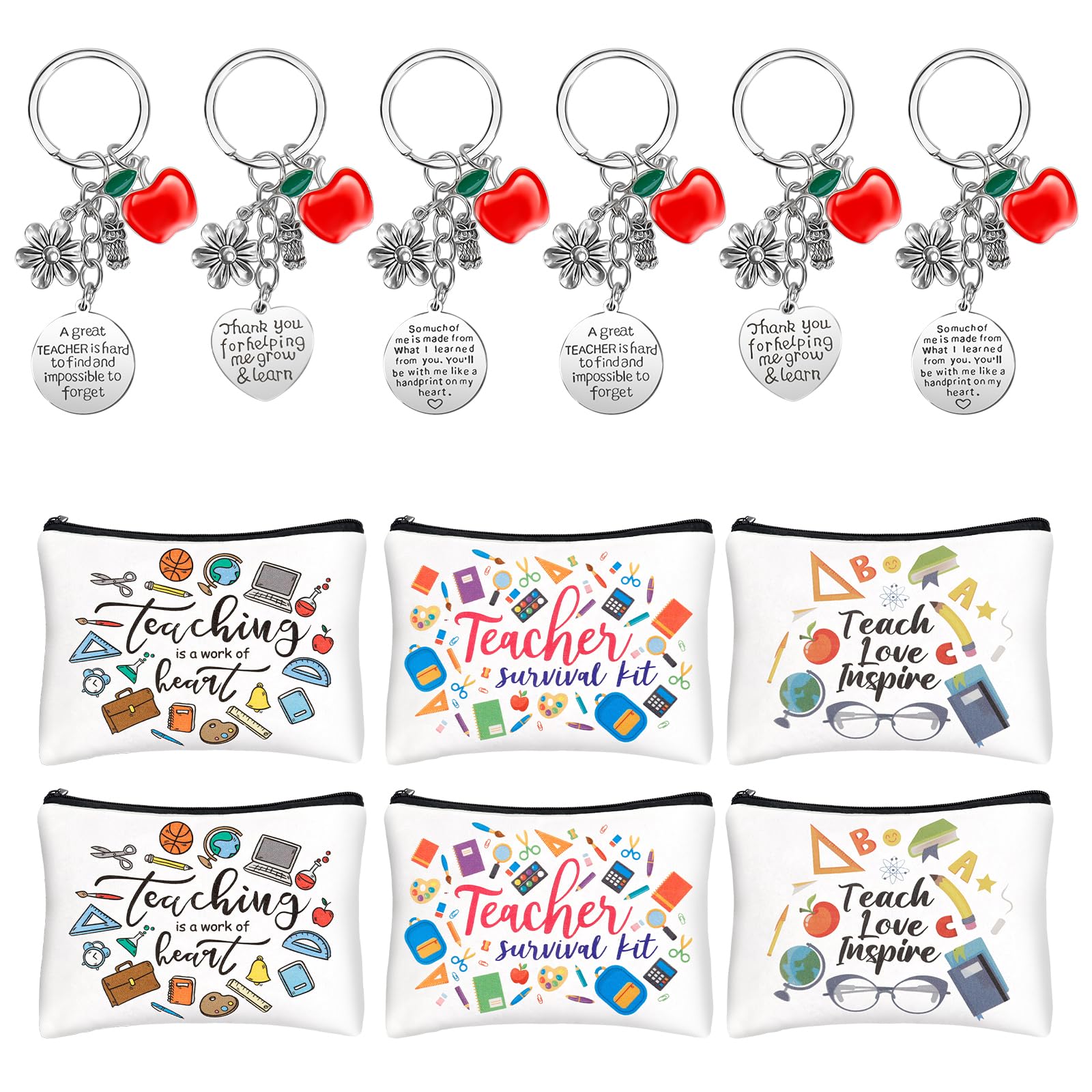 Luwrevc 12PCS Teacher Gifts, Teacher Appreciation Gift in Bulk, 6 Makeup Bags for Women, 6 Teacher's Day Keychain