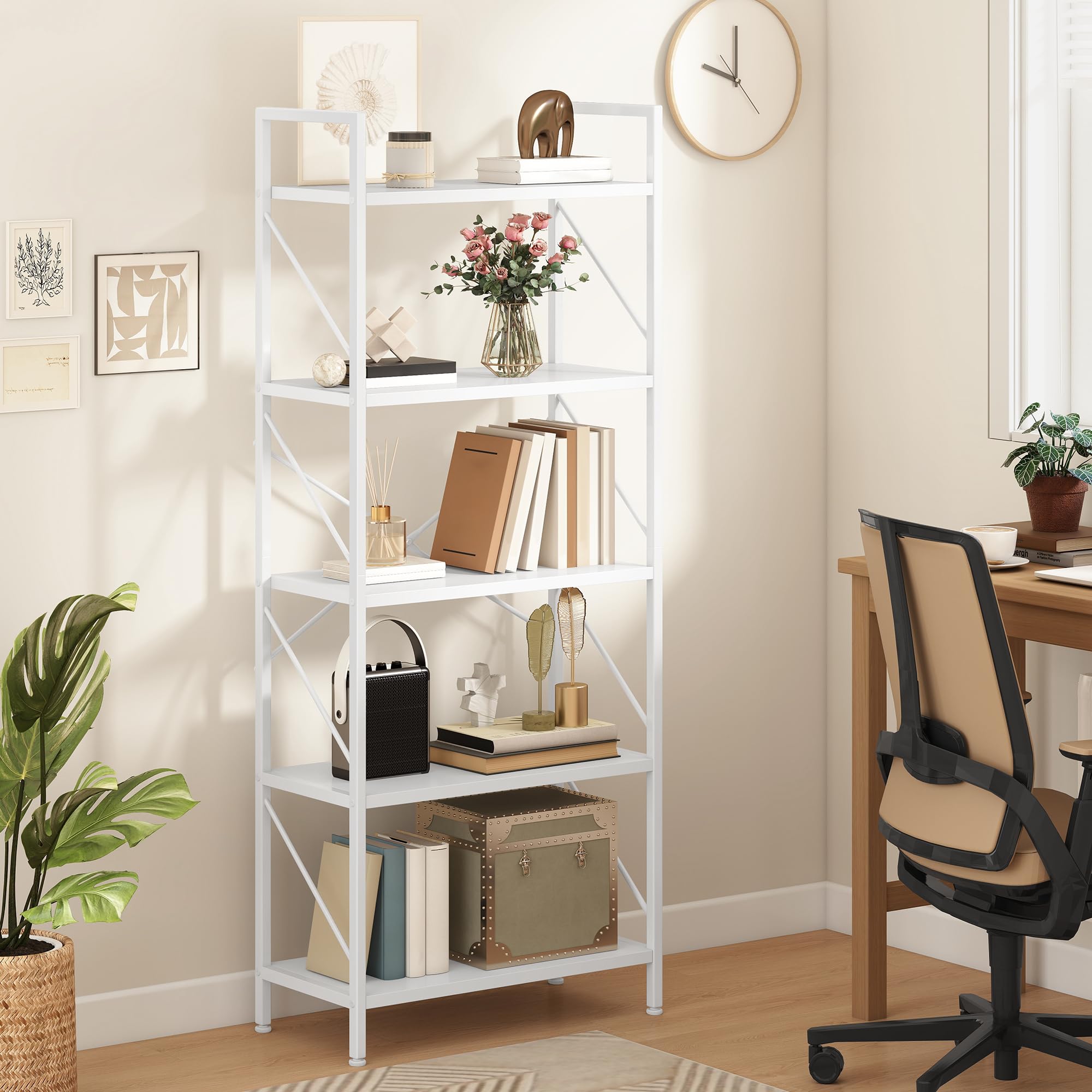 DWVO Scaffale per libri a 5 ripiani, in legno e metallo, libreria industriale, scaffale alto per soggiorno, cucina, camera da letto, scaffale per libri bianco puro
