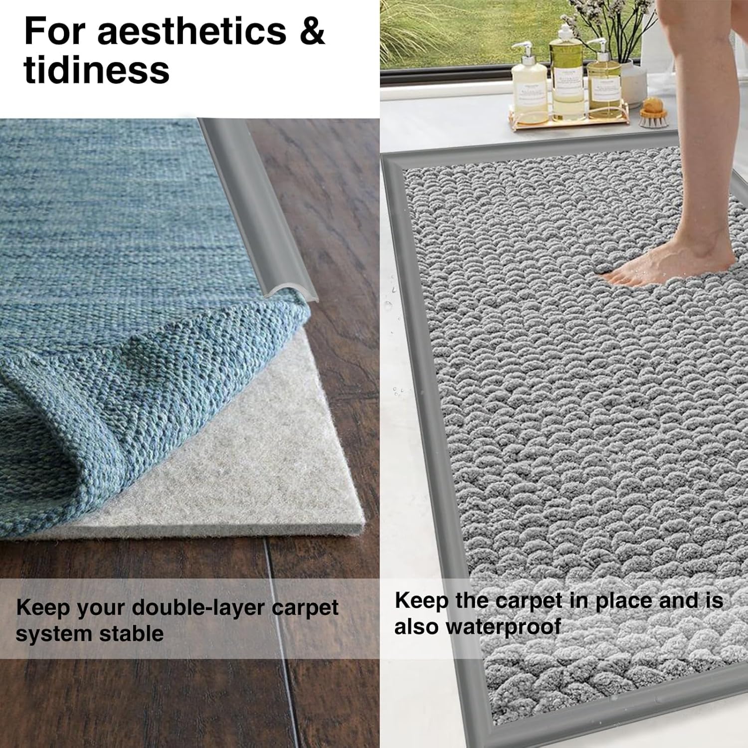 Flexible Carpet Edge Trim – Self-Adhesive Waterproof Cuttable Safety Edging for Thick Rugs & Mats, Peel & Stick Floor Transition Strip, (Fits High-Traffic Area Thick Carpets Up to 15mm,Deep Grey-20Ft)