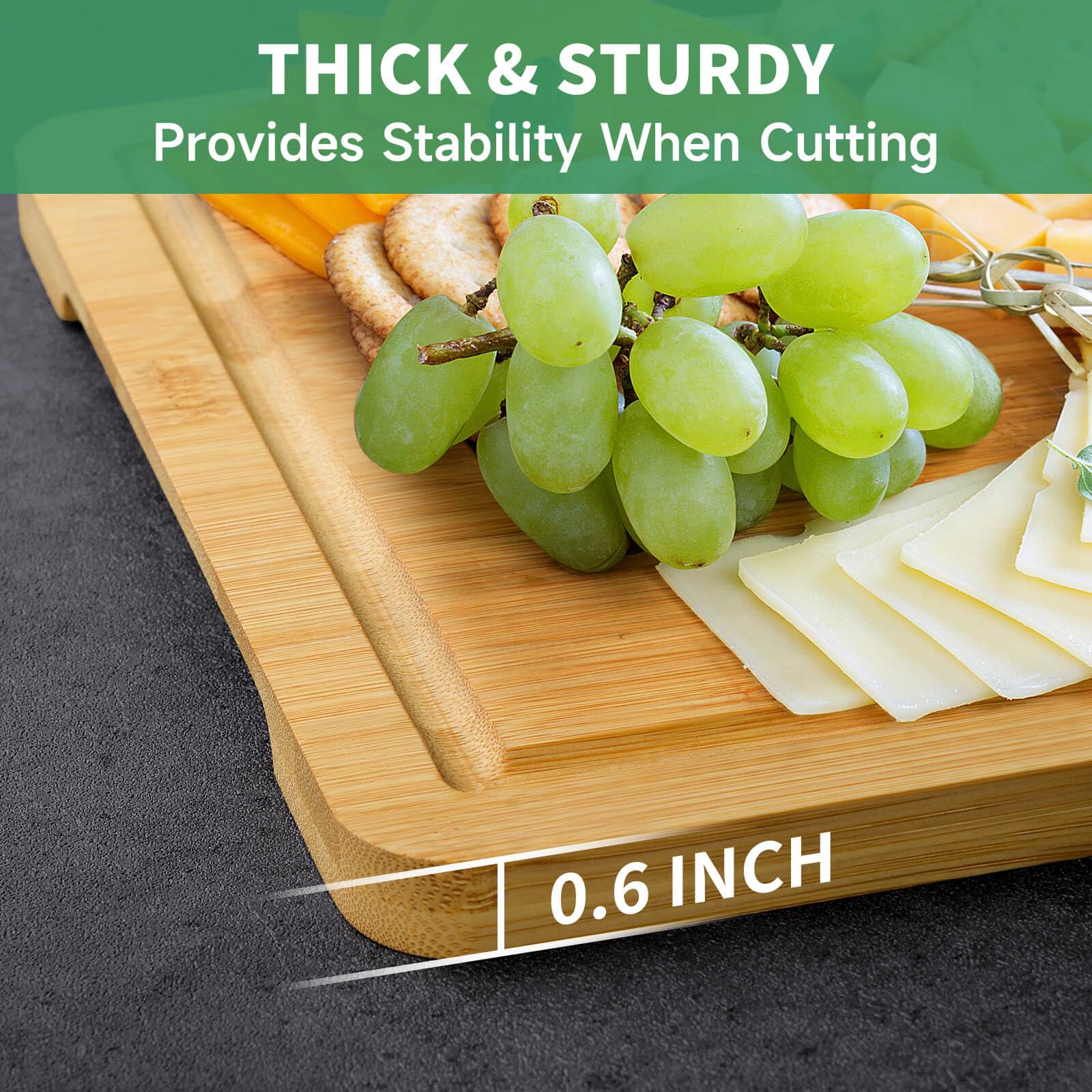 Juego de tablas de cortar de bambú para cocina, juego de 3 tablas de cortar con ranura y estante para tabla de cortar, ideal para cortar carne, verduras, frutas, queso