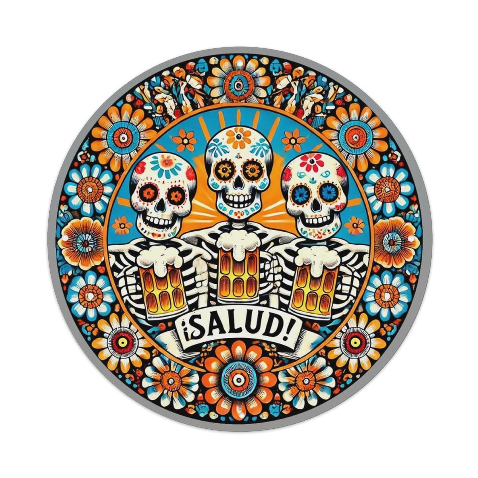 Colorful Skulls With Beer Mugs Retro Metal Sign Round Tin Sign, Vintage Decor Art Poster for Bar, Home, Man Cave, Kitchen, Laundry Room Gift 8x8Inch