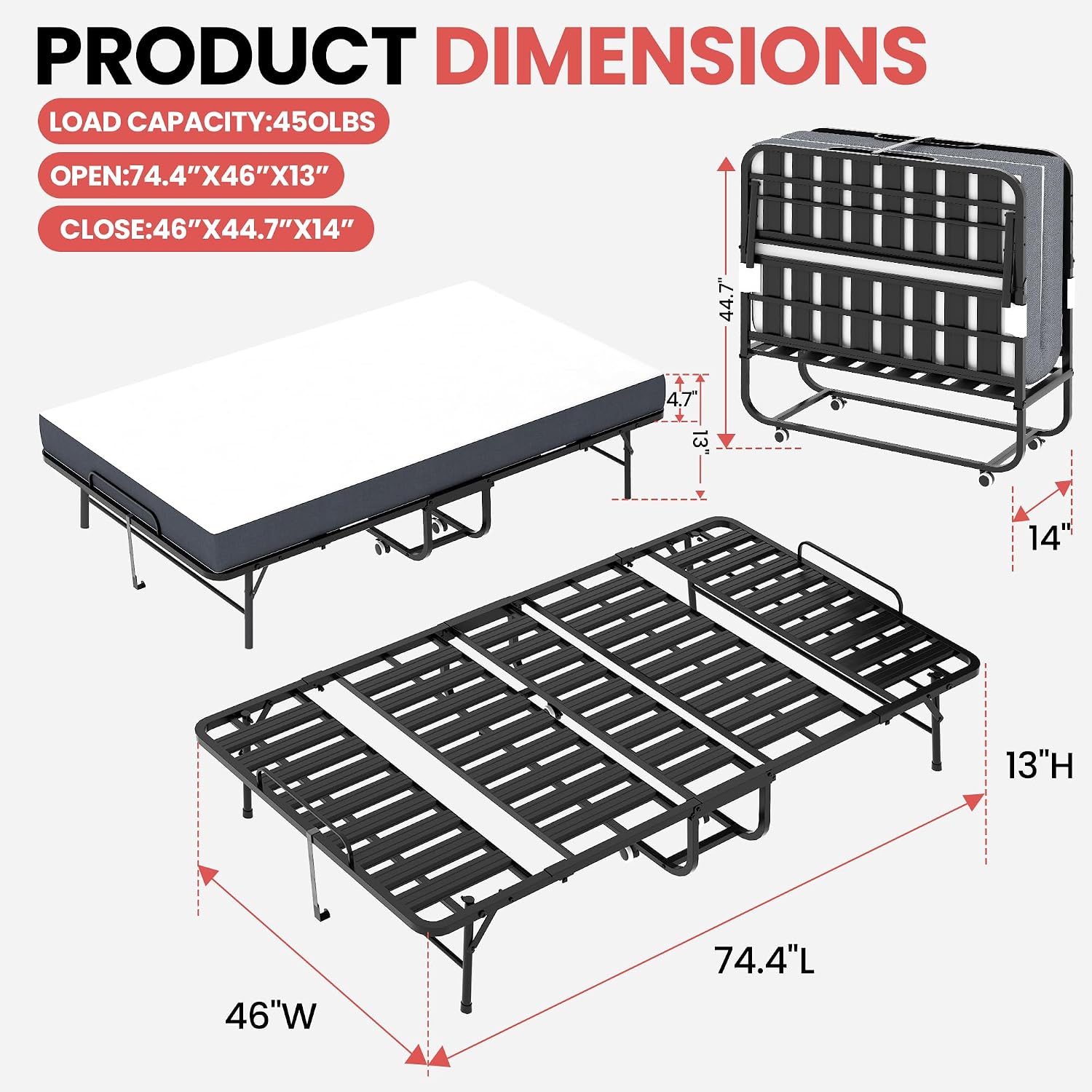 75"x46" Folding Bed with Mattress for Adults,Portable Roll Away Bed with Wheels,4.7" Thick Memory Foam Mattress Metal Foldable Bed Frame for Guest Hideaway Rollaway Bed Space Saving