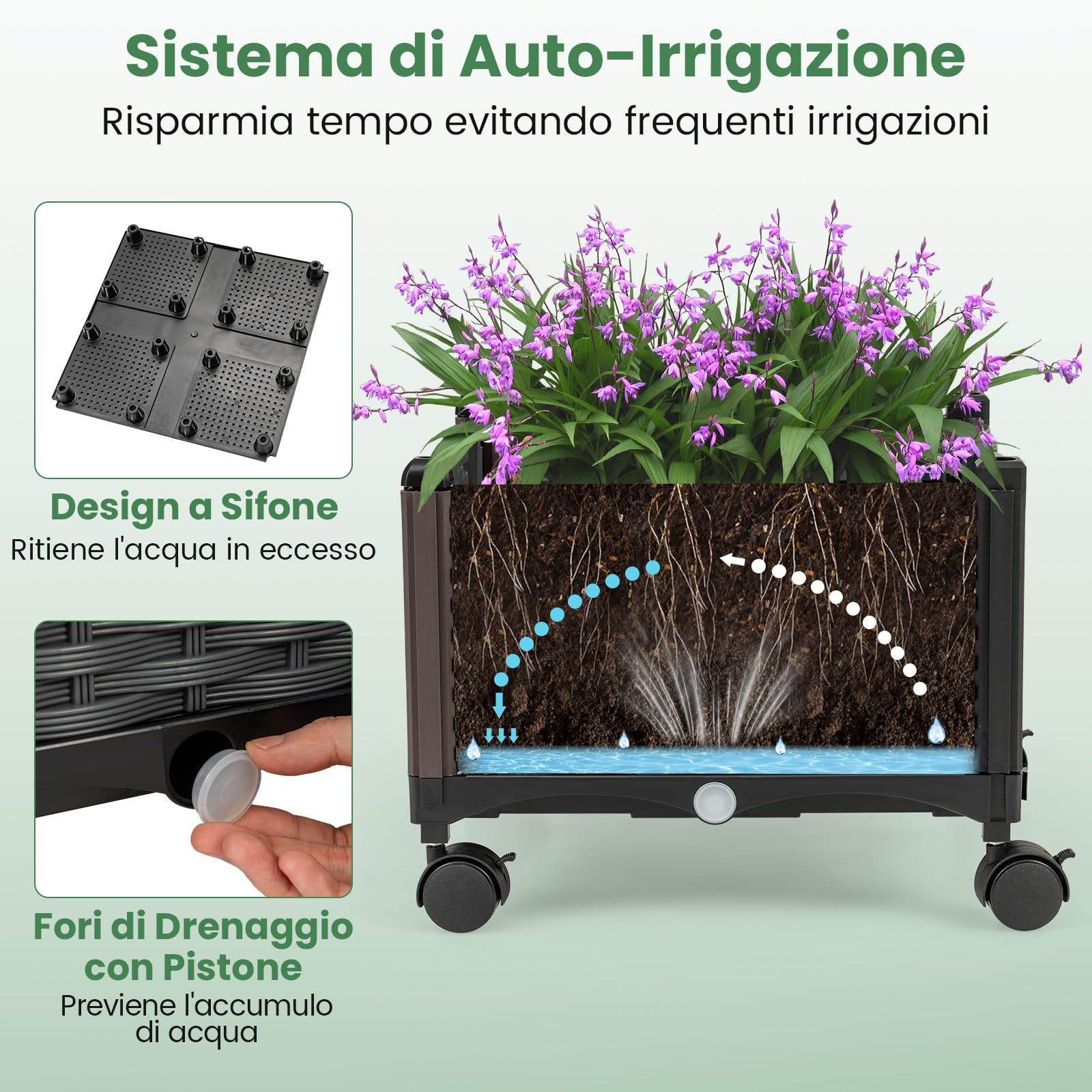 COSTWAY Fioriera Rialzata da Giardino con Grigliato, Tetto, Ruote Bloccabili e Irrigazione Automatica, Letto da Giardino Rialzato Alto in Rattan Impermeabile per Piante Rampicanti (Grigio)