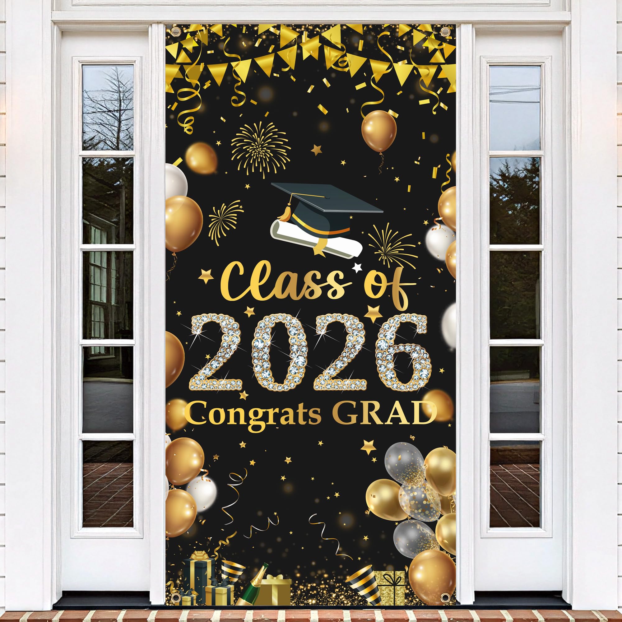 Graduation Door Cover Decorations, 2026 Black Gold Party Decorations, Class of 2026 Congrats Grad Door Banner Backdrop 180x90cm for Graduation Party Entrance Decor Supplies — image 1