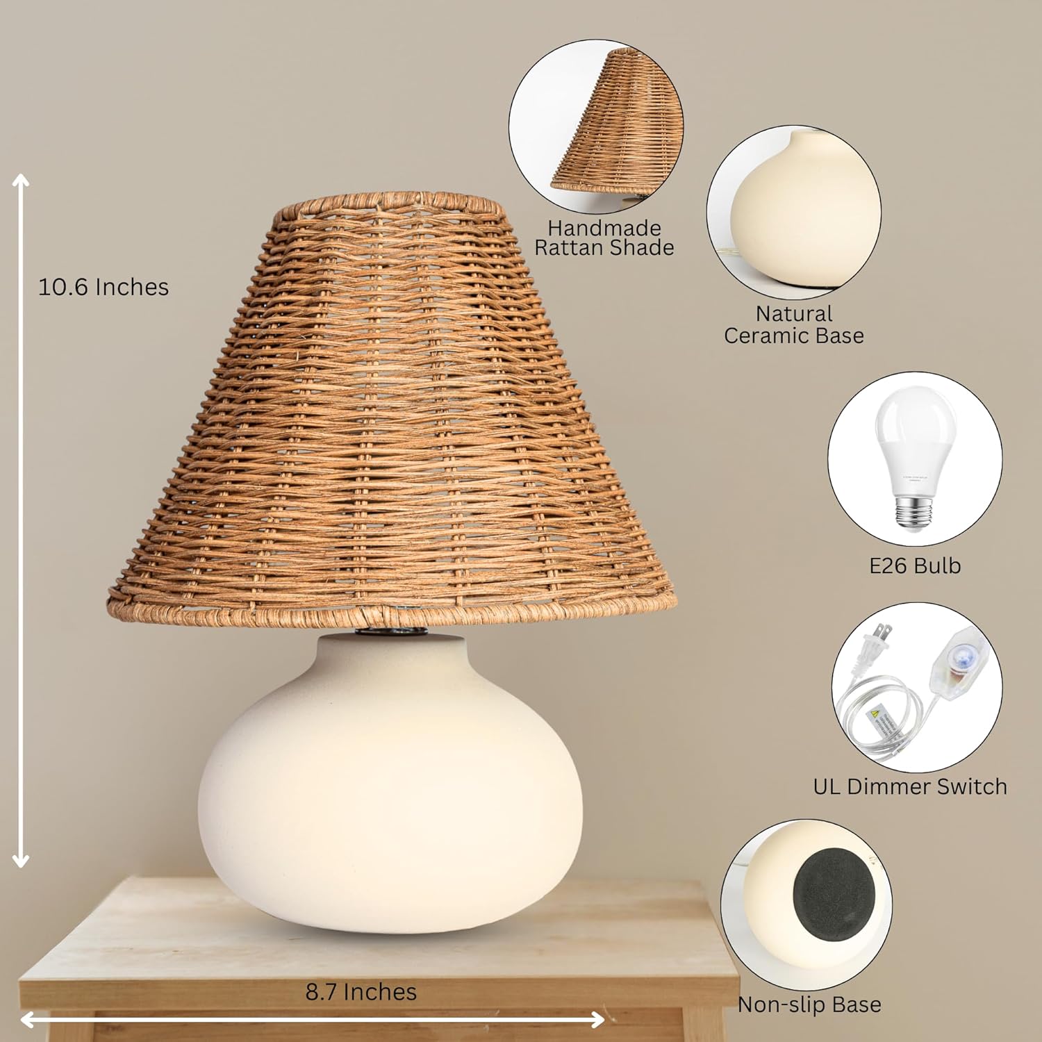 11" Small Table Lamp – Handmade Ceramic Cream Base with Wicker Rattan Shade, Dimmable Plug-in Nightstand Light for Bedroom, Kitchen Counter, or Small Spaces – Boho Japandi Organic Decor