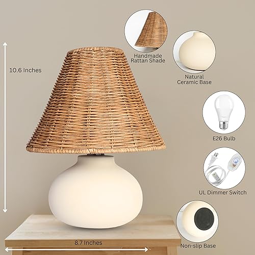 Miniatura 5 de Lámpara de mesa pequeña de 11 pulgadas, base de cerámica crema hecha a mano con pantalla de mimbre de ratán, luz regulable para mesita de noche