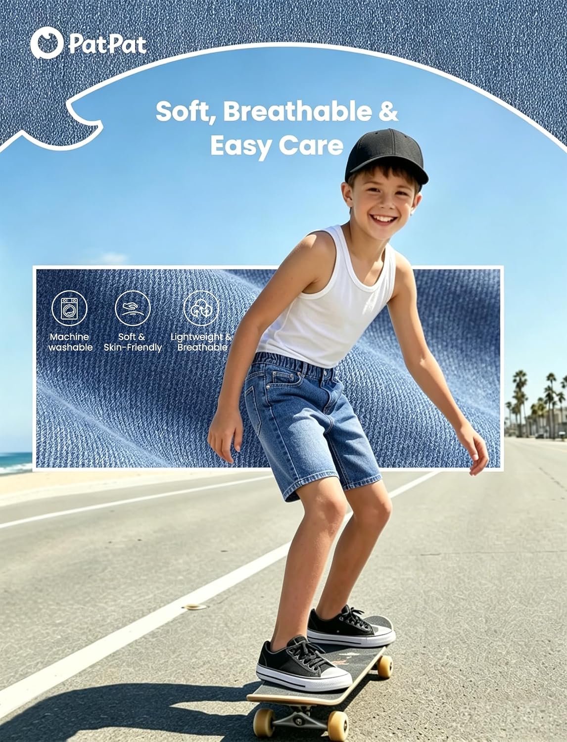PATPAT Boys Denim Shorts Casual Mid Elastic Waist Baggy Jeans Shorts with Pockets Y2K Straight Leg Loose Jorts, 5-14Y