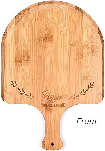 Miniatura 8 de Pala de pizza de bambú prémium de 12 pulgadas con asa, paleta de pizza de madera, tabla de cortar para frutas, verduras, queso, pan (círculo)