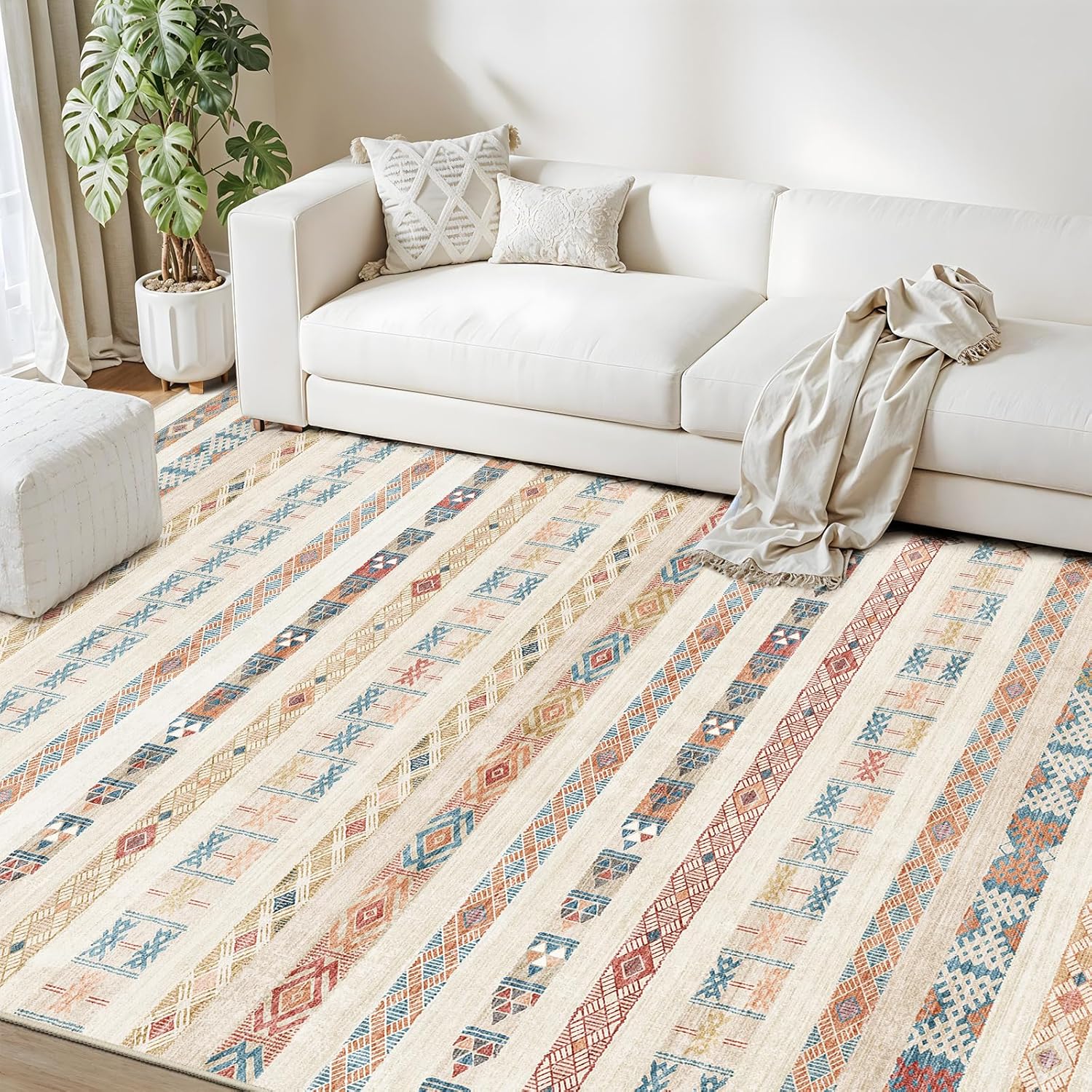 8x10 washable area rug: moroccan large neutral boho area rug for living room & bedroom geometric non-slip farmhouse carpet for living room yellow colourful 8'x10'.