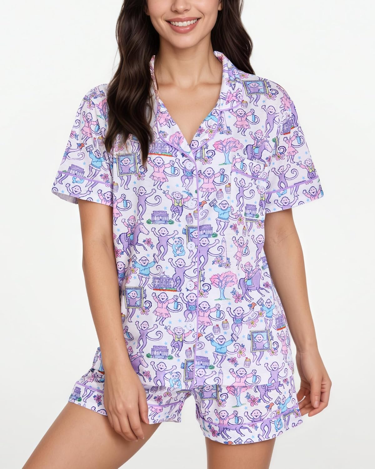 Women's Pajamas Set Button Down Ladies Summer Pajamas Monkey Printed Sleepwear Short Sleeve 2 Pc Pjs for Birthday Gift - Image 2