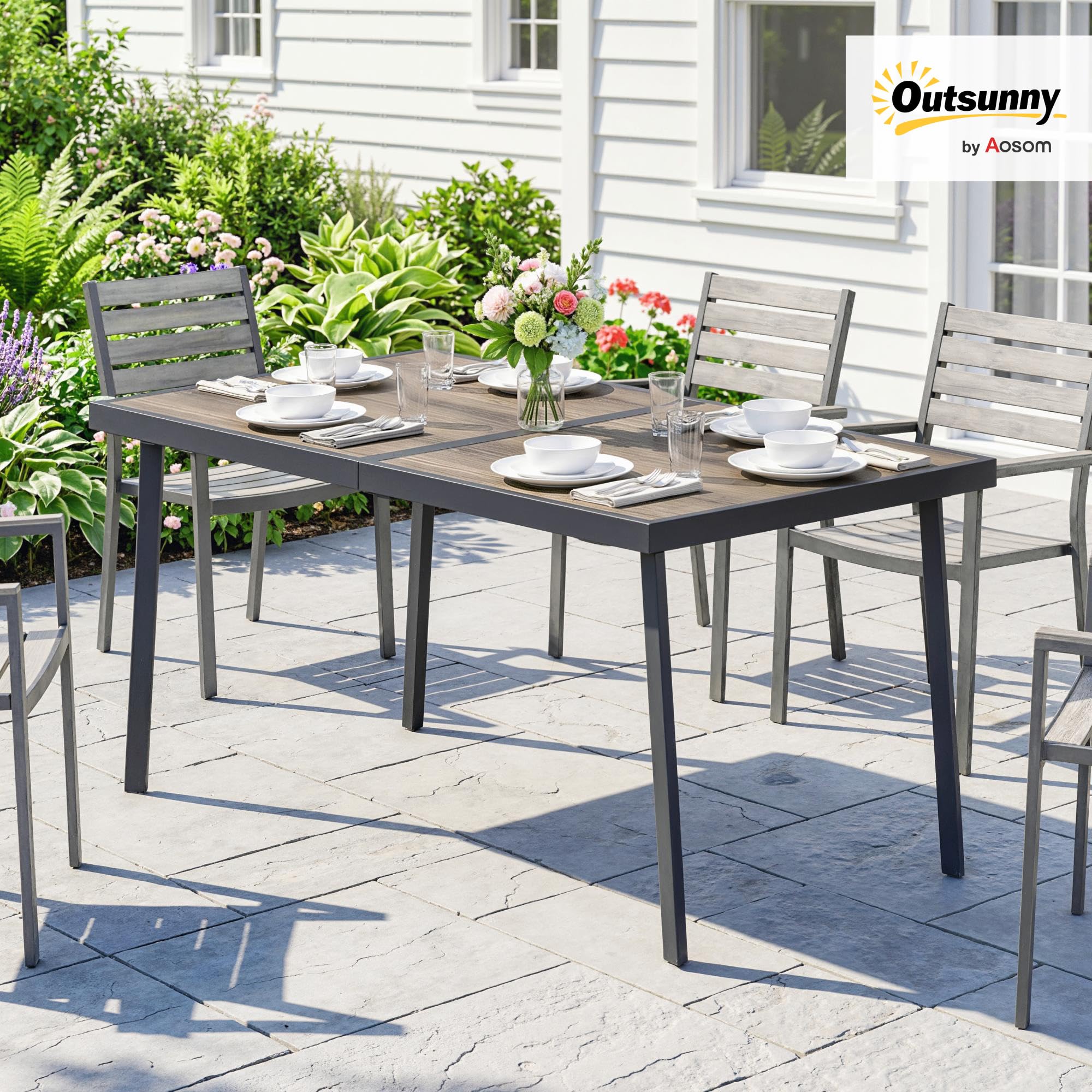 Outsunny Tavolo da Giardino Effetto Legno 145x85 cm per 6 Persone Grigio | Piano in Plastica, Tavola da Pranzo da Esterno Rettangolare, Gambe in Acciaio, per Patio, Terrazzo, Balcone