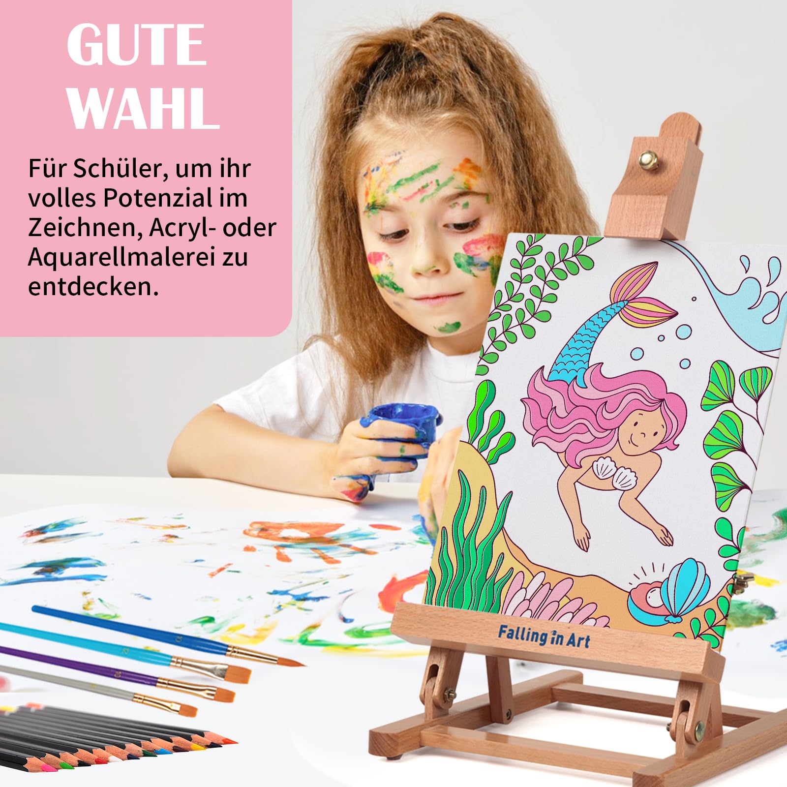 COOZEE Easel Set, 46-teiliges Malset mit Tischstaffelei, Acrylmalerei-Starterset mit 12 Acrylfarben, 12 Buntstiften, Pinseln, Leinwandplatten und Aquarellblock für Einsteiger & Hobbymaler, Rosa