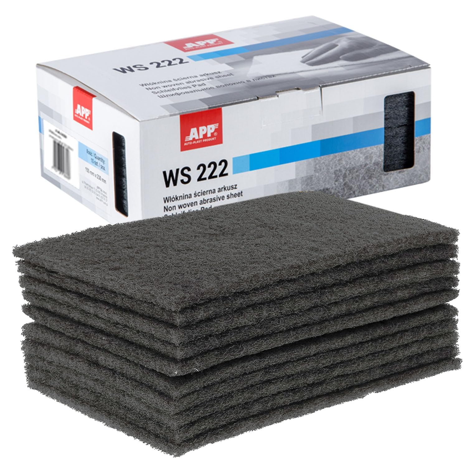 APP WS 222 - Schleifvlies-Pads, 10er-Set, 150 x 230 mm, grau | Schleifvlies für Metall, Holz, Stahl & Edelstahl | Feinkörnige Schleifwolle, Körnung: 600-800
