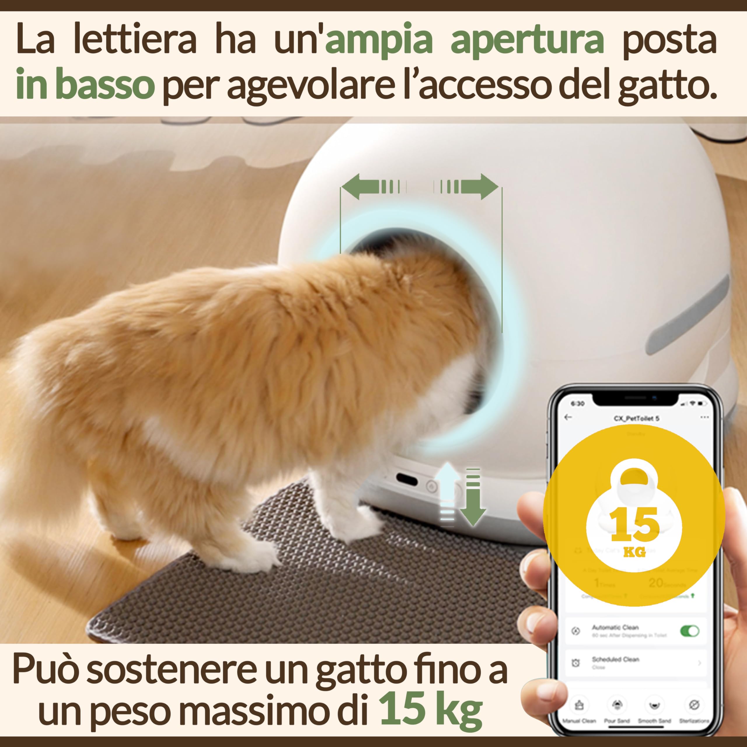 Lettiera Gatto Autopulente Automatica, Antiodore, Capacità Massima 72L con Monitoraggio App e Deodorante Sostituibile per un Ambiente Fresco e Privo di Odori.