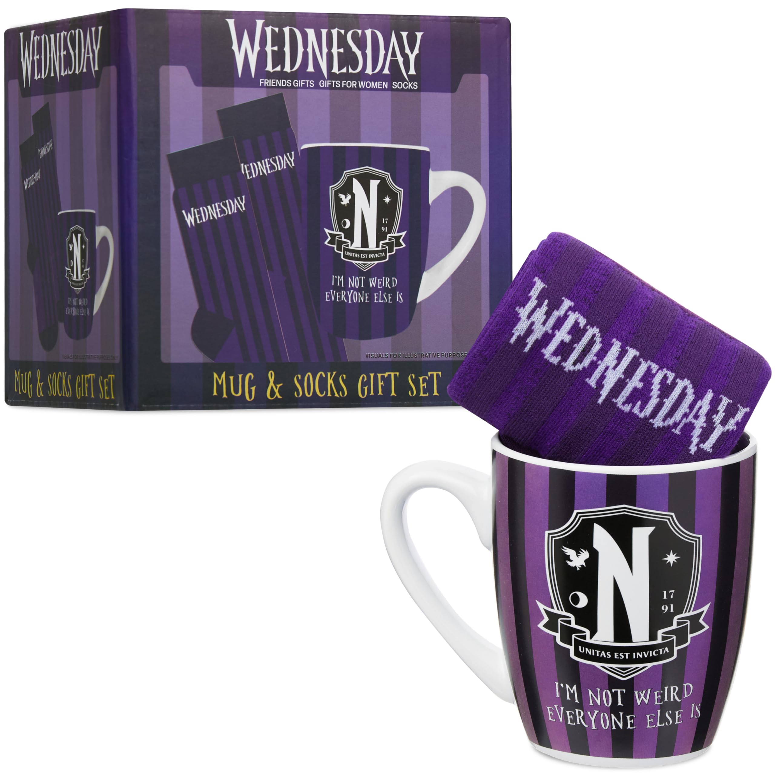 Get Trend Wednesday Mug & Socks Set for Women & Teens, 315ml/11oz Durable Tea & Coffee Mug with Casual Calf Socks, Stocking Fillers Gifts for Her (Purple/Black Wednesday)