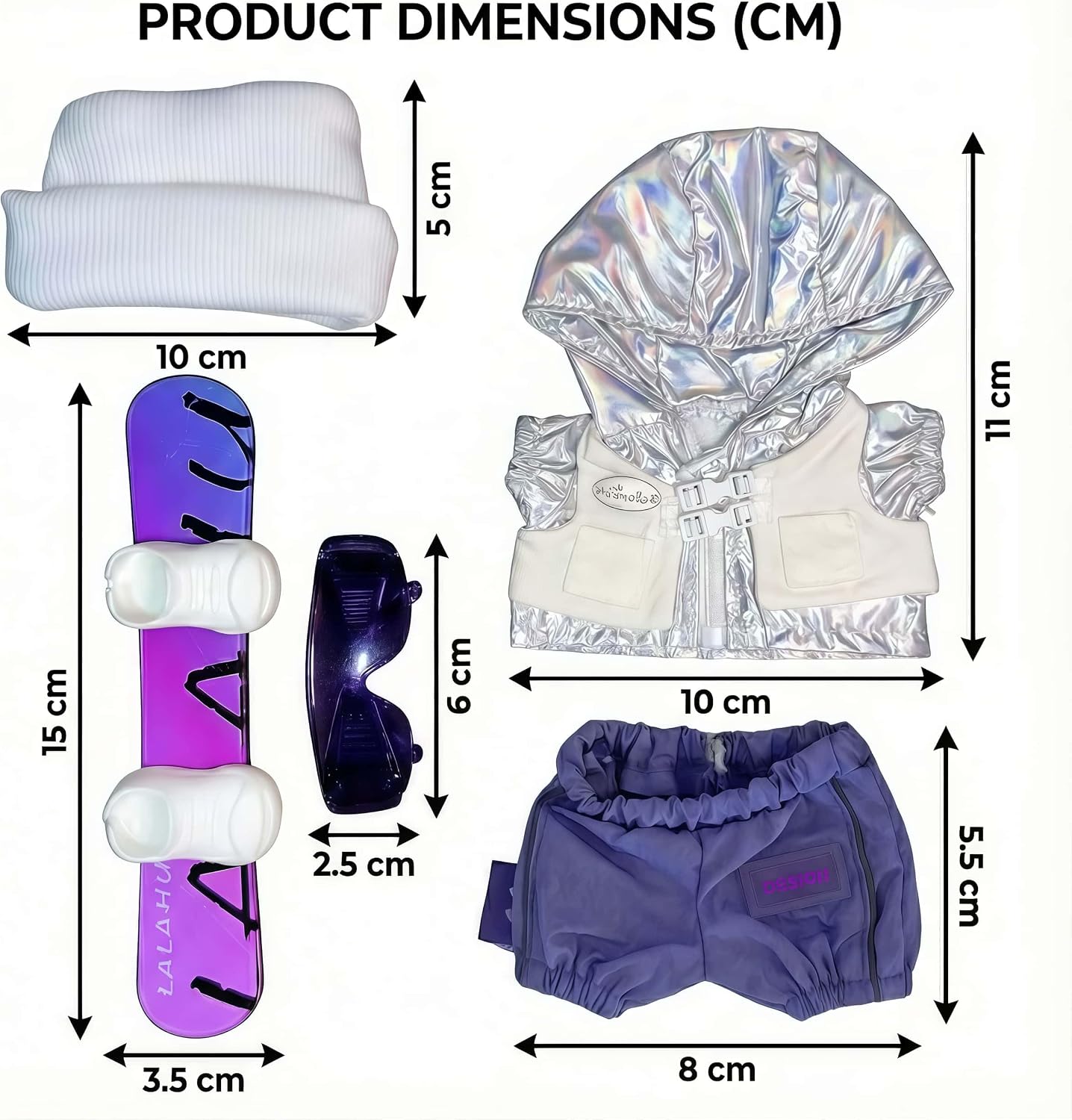 17cm Ski Outfit Set Compatible with Labubu 5PCS Winter Clothes Hat Glasses Top Pants Snowboard Cute Detachable Gift (Purple)